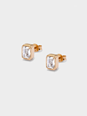 Gold White Emerald Cut Stud Earrings