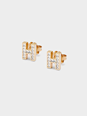 Gold H Stud Earrings