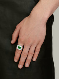 SS23 Green Emerald Cut Signet Ring